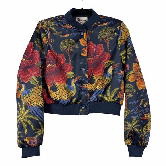 Industry Republic Cropped Bomber Jacket Asian Floral Art Village Bird Small S - Picture 2 of 8